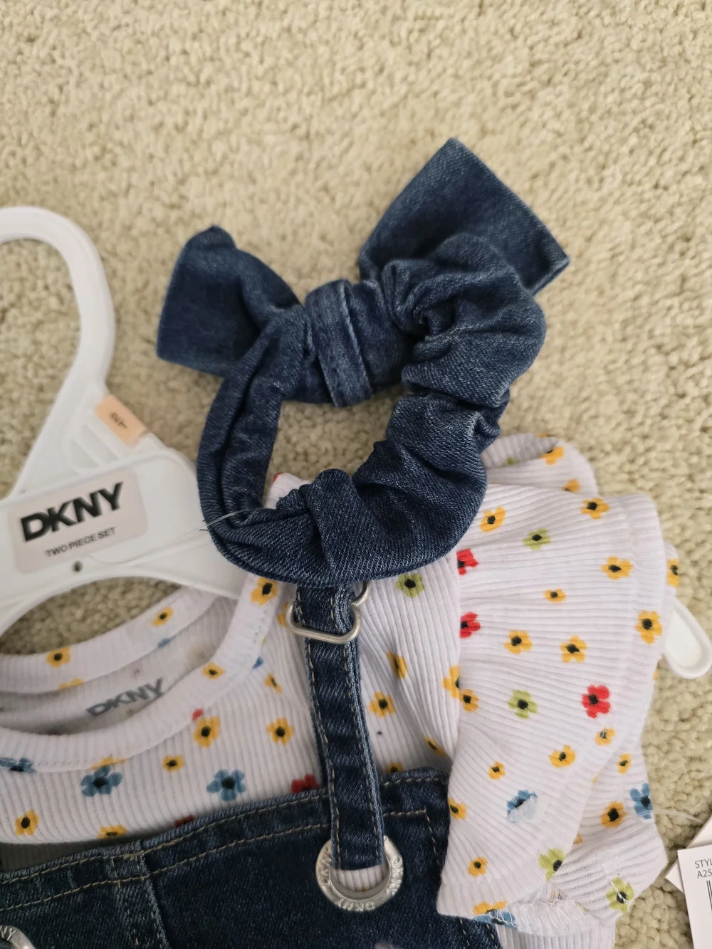 DKNY Dark Blue Denim Overall Dress with Floral Tee Shirt And Head Band Set